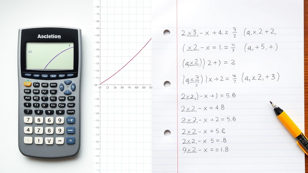 Split-screen showing a graphing calculator display on left with a function curve plotted, and handwritten algebraic equations on paper on the right side