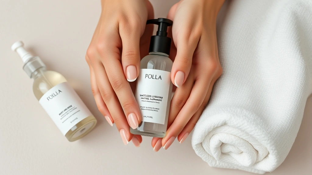 Close-up of hands with smooth manicured nails, bottle of water-based lubricant, soft towel, and wellness products on neutral background