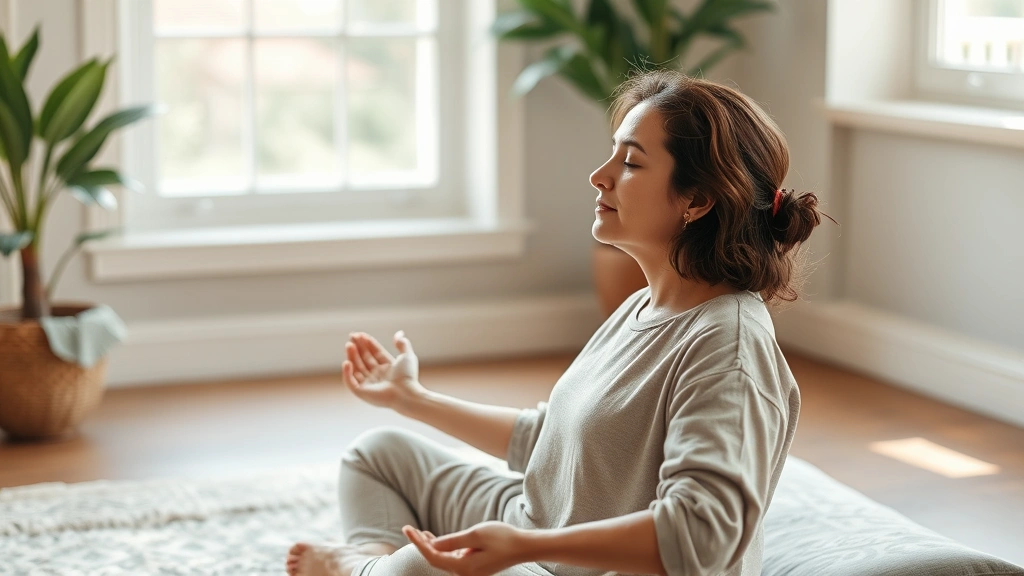 Relaxed person in comfortable clothing practicing deep breathing or meditation, peaceful expression, natural lighting through window, calm mindfulness setting