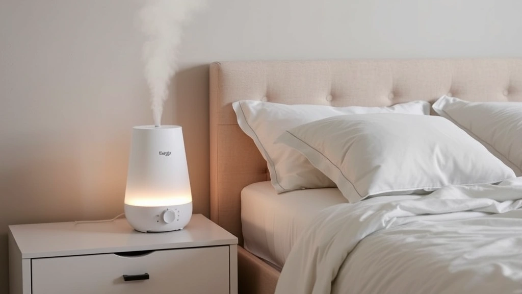 Bedroom scene showing humidifier running on nightstand next to bed with elevated pillows, demonstrating optimal sleep environment setup