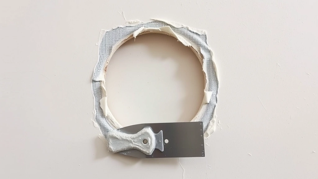 Wide shot of medium wall hole with fiberglass mesh tape applied, joint compound in process of being smoothed with 6-inch putty knife, neutral colored wall