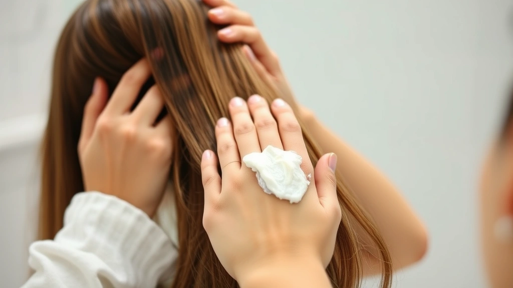 Woman applying deep conditioning hair mask treatment to long brown damaged hair in bathroom, professional product application, close-up detail of cream texture