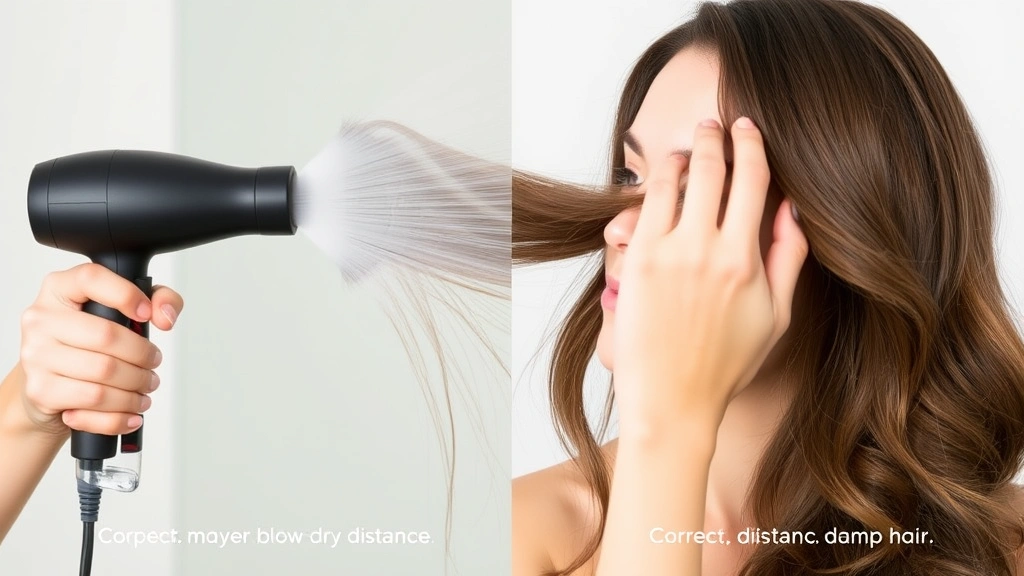 Person demonstrating proper hair blow-drying technique with heat protectant spray bottle, showing correct positioning and distance of blow dryer from damp hair