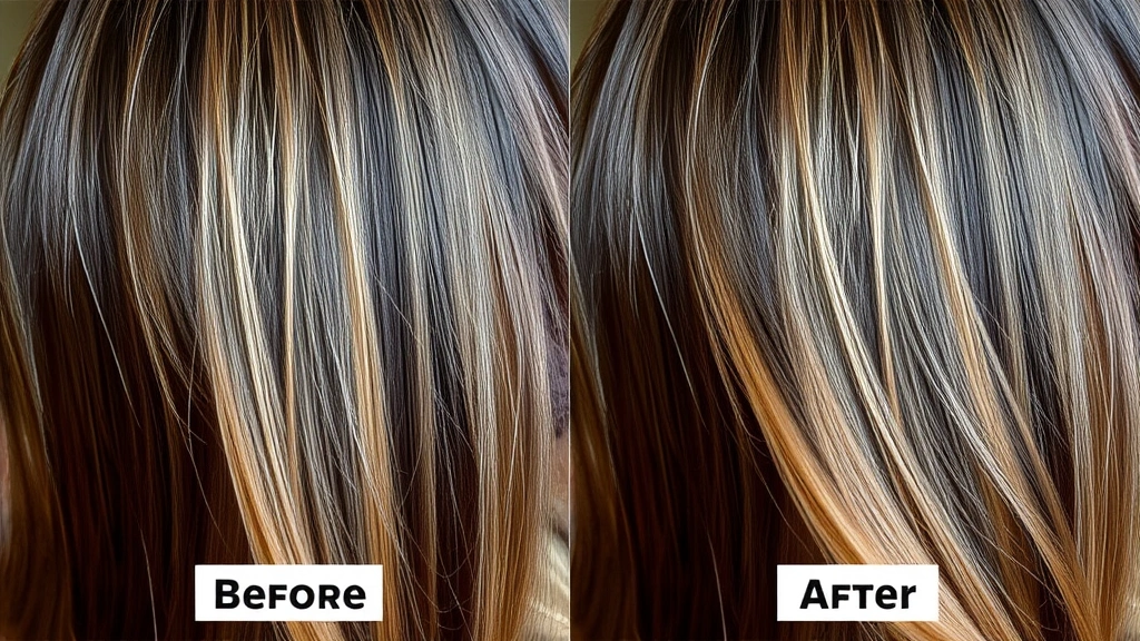 Before and after comparison of hair texture improvement, showing healthy glossy hair next to damaged brittle hair, natural lighting highlighting shine and condition difference