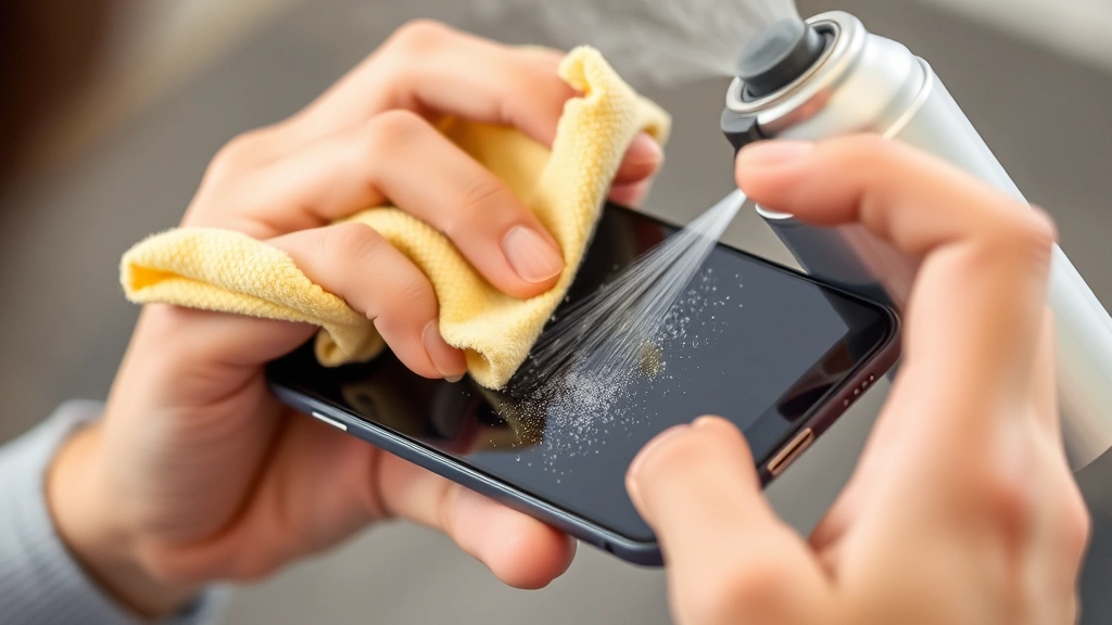 Person using a soft microfiber cloth and compressed air to carefully clean a smartphone screen, demonstrating proper technique for removing dust and debris from display
