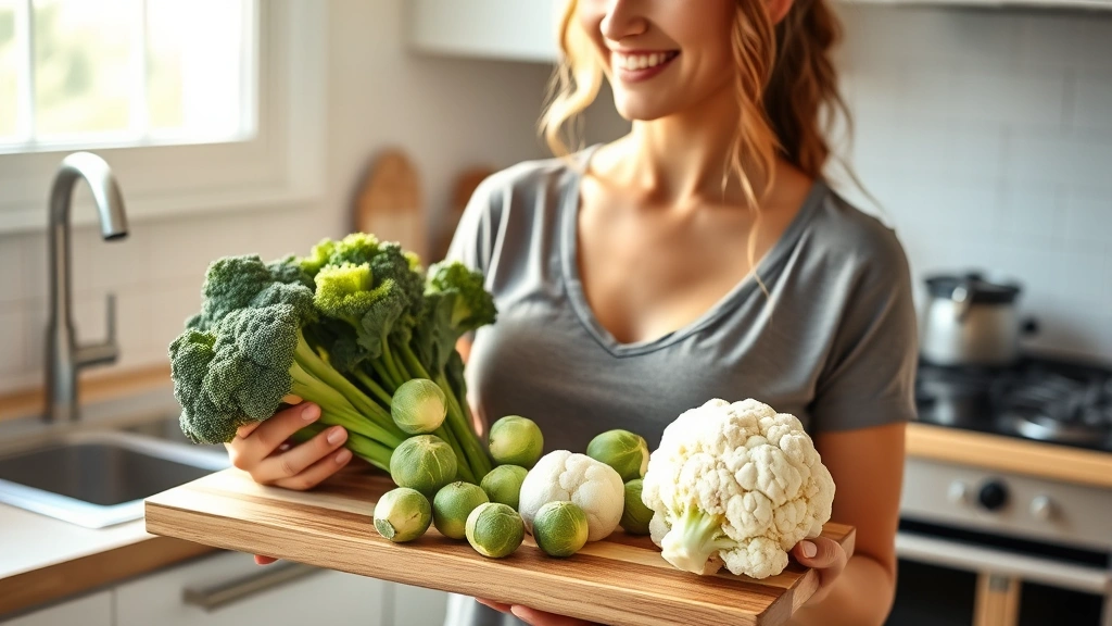 Woman in bright kitchen holding fresh broccoli, Brussels sprouts, and cauliflower on wooden cutting board, natural morning sunlight streaming through window