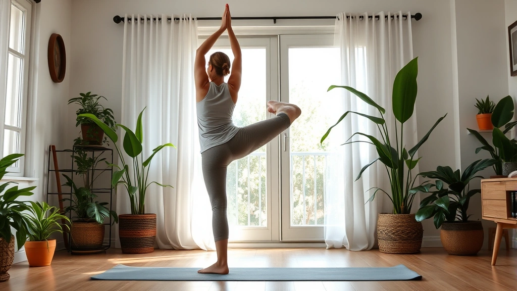 Woman doing yoga pose in peaceful home studio with plants, soft natural lighting, barefoot on yoga mat in calm zen environment