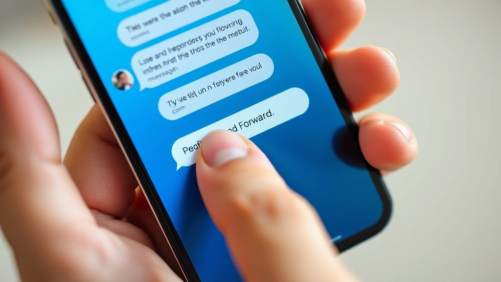 Close-up of hands holding a smartphone showing the Messages app interface with a text message conversation visible, finger about to press and hold a message bubble to reveal the forward option menu