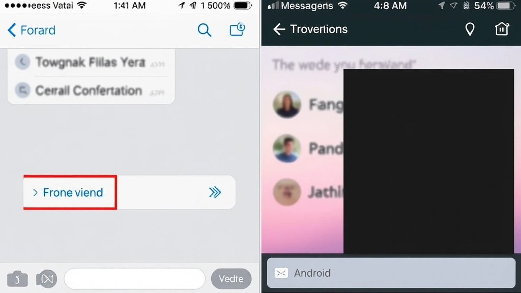 Split-screen view comparing iPhone and Android messaging interfaces side by side, both displaying conversations with highlighted forward buttons and recipient selection screens visible