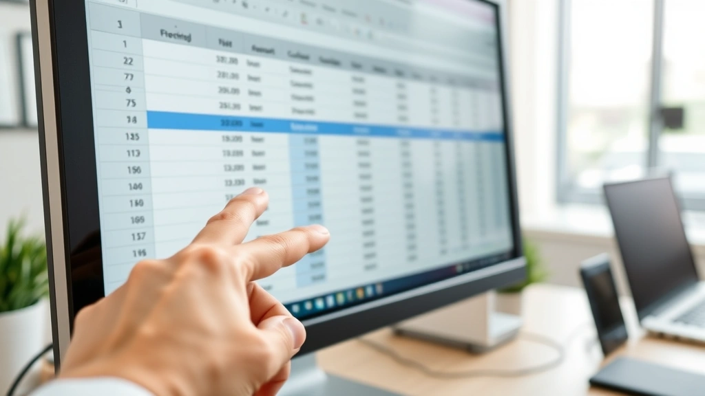 Close-up of computer monitor displaying Excel spreadsheet with frozen columns highlighted by a subtle blue dividing line, professional office desk environment, person's hand pointing to frozen column indicator