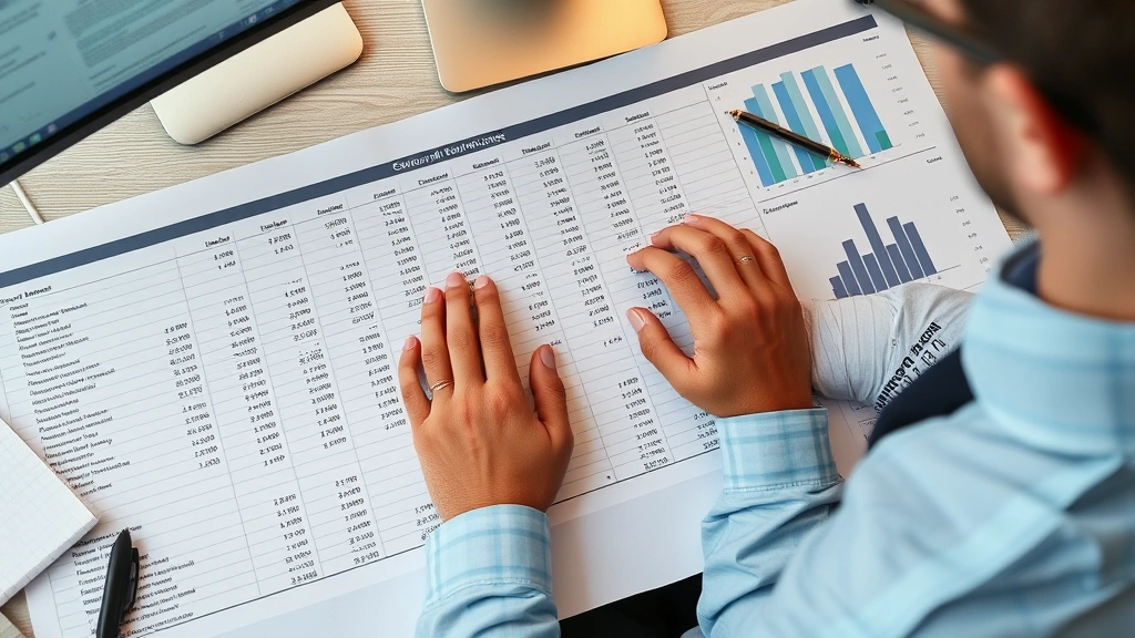 Overhead view of business professional reviewing large financial spreadsheet on desktop computer with frozen header rows and columns visible, organized data with numerical values and charts