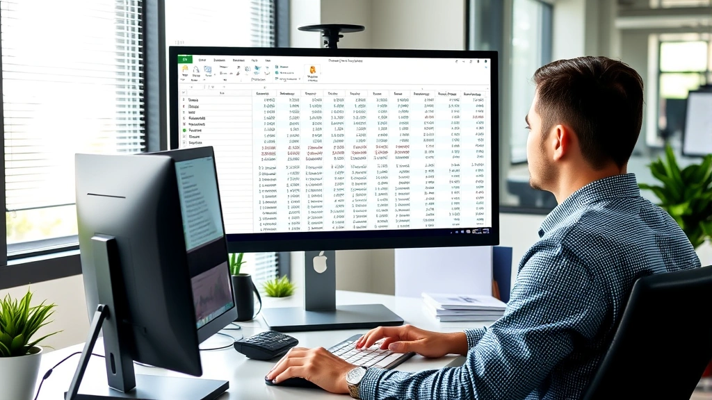Person working on desktop computer with large Excel spreadsheet visible, multiple columns of financial data displayed, professional office environment with natural lighting, focused concentration on screen