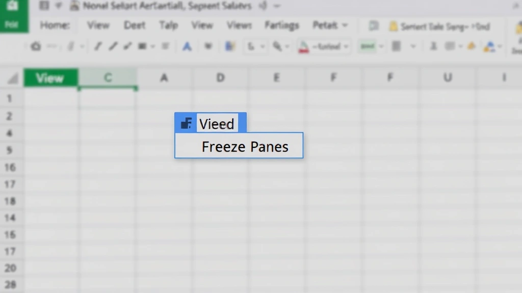 Close-up of Excel ribbon menu showing View tab highlighted, Freeze Panes dropdown option visible, clean spreadsheet with column headers in background, instructional clarity