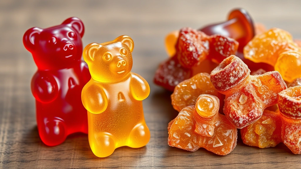Close-up comparison of fresh gummy bears next to freeze-dried gummy bears on a wooden surface, showing dramatic texture and weight difference with intense color concentration in dried candies