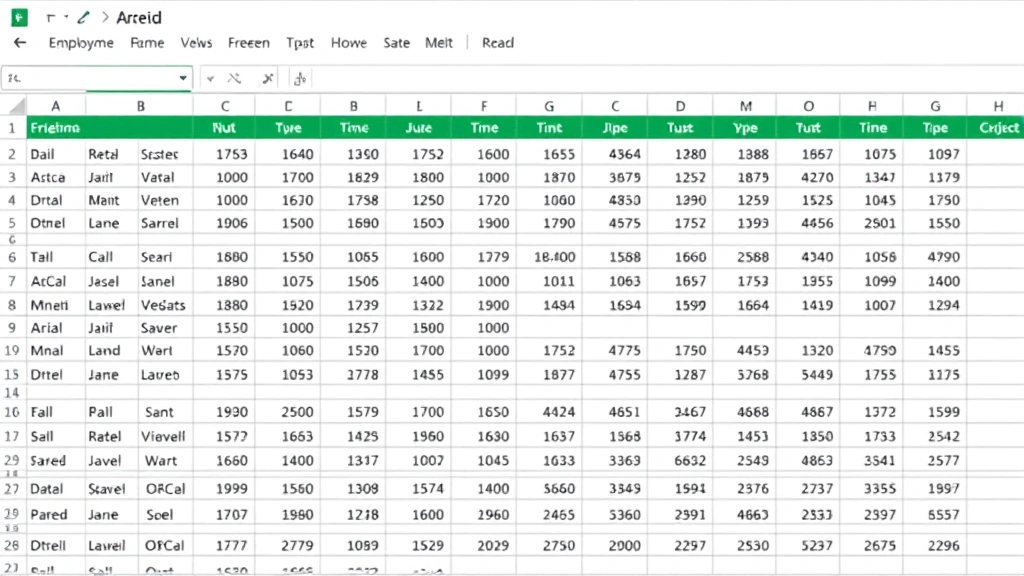 Excel spreadsheet with both frozen rows and columns, showing employee names in first column and time period headers in first row both remaining visible while user scrolls through performance metrics, grid pattern of numerical data in cells