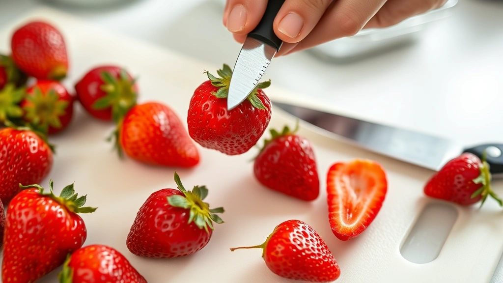 Fresh red strawberries being hulled with a small knife on a white cutting board, hands holding a berry and removing the green crown, bright kitchen lighting