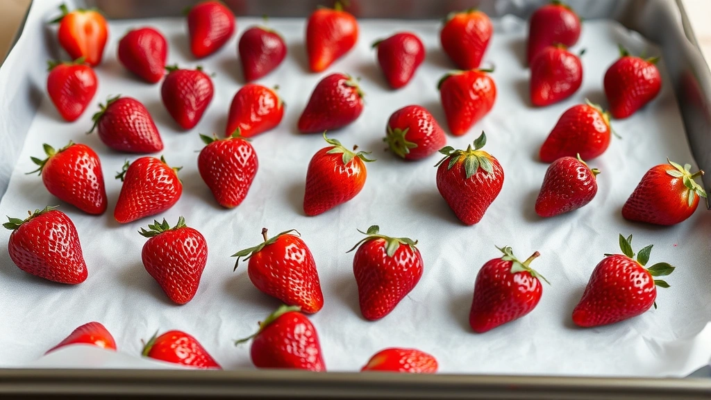 Baking sheet lined with parchment paper showing individual fresh strawberries arranged in a single layer with space between each berry, ready for flash freezing