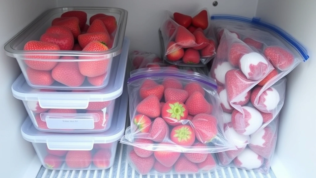 Clear freezer containers and vacuum-sealed bags filled with frozen strawberries, organized in a freezer with frost visible, showing proper storage setup