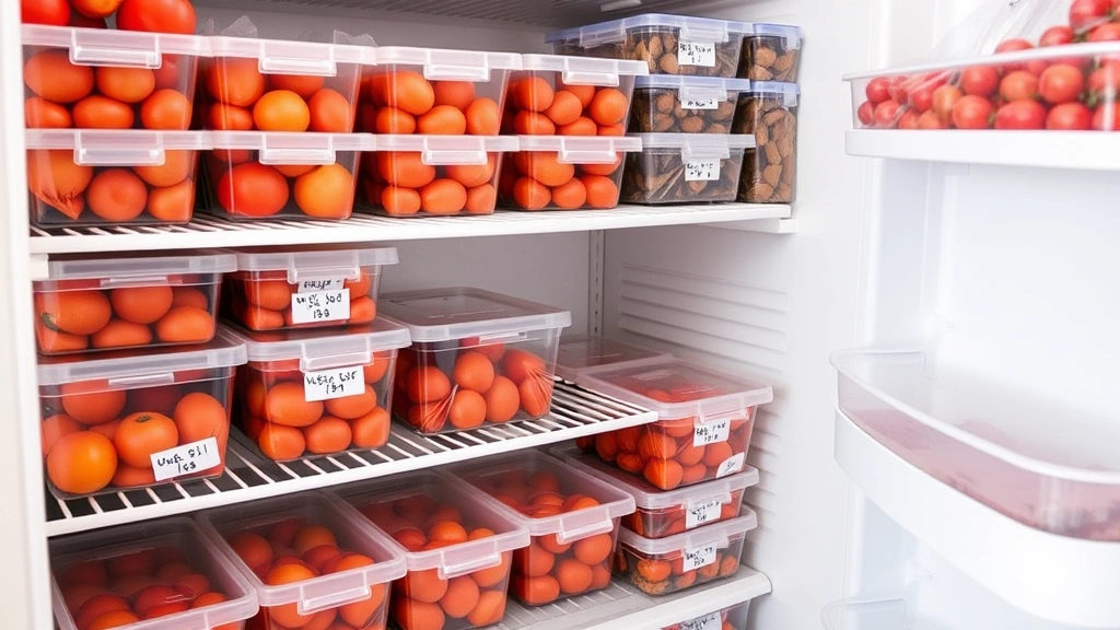 Organized freezer shelves showing multiple clear plastic containers and freezer bags labeled with dates, filled with frozen tomato products, clean well-organized setup