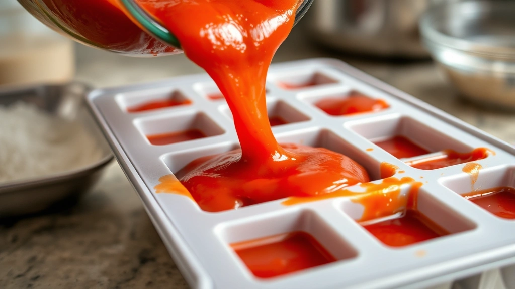 Close-up of tomato puree being poured into ice cube trays on a kitchen counter, vibrant red color, fresh homemade appearance, stainless steel tray visible