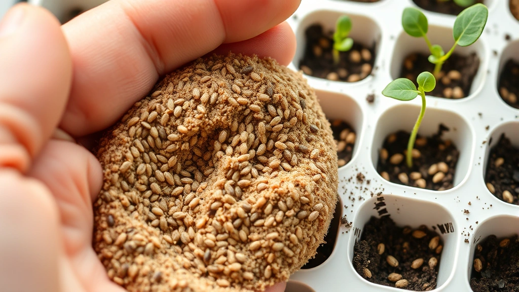 Close-up of hand holding moist seed-starting mix with small seeds ready for planting in white seed tray with cell compartments