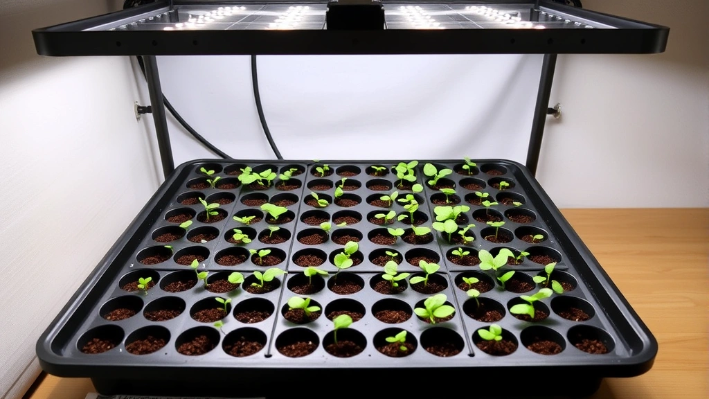 Seedling heat mat with multiple cell trays of sprouting green seedlings under LED grow lights mounted on adjustable stand