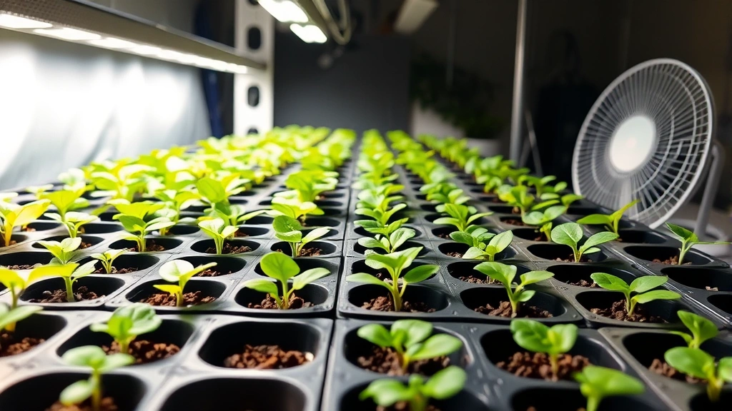 Rows of healthy green seedlings with true leaves in cell trays positioned near bright grow lights, small oscillating fan nearby