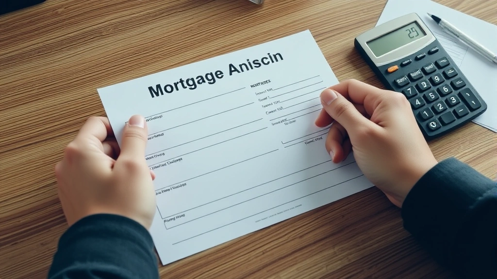 Close-up of hands holding a blank mortgage application form on a wooden desk with pen and calculator nearby