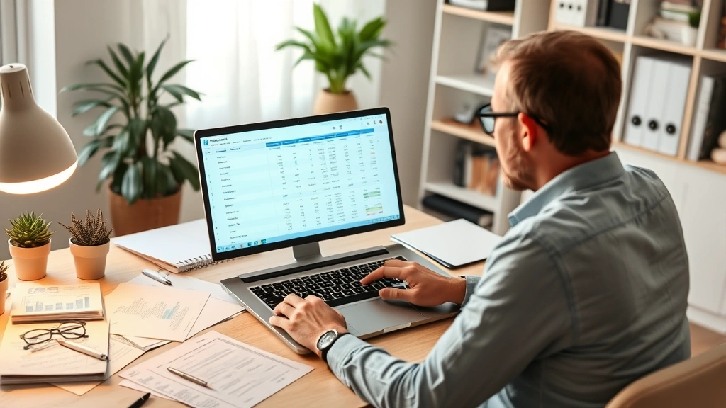 Person reviewing credit score report on laptop screen in home office with financial documents scattered on desk