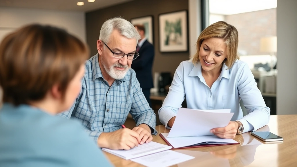 Couple reviewing loan documents and signing paperwork at lender's office with loan officer assisting in background