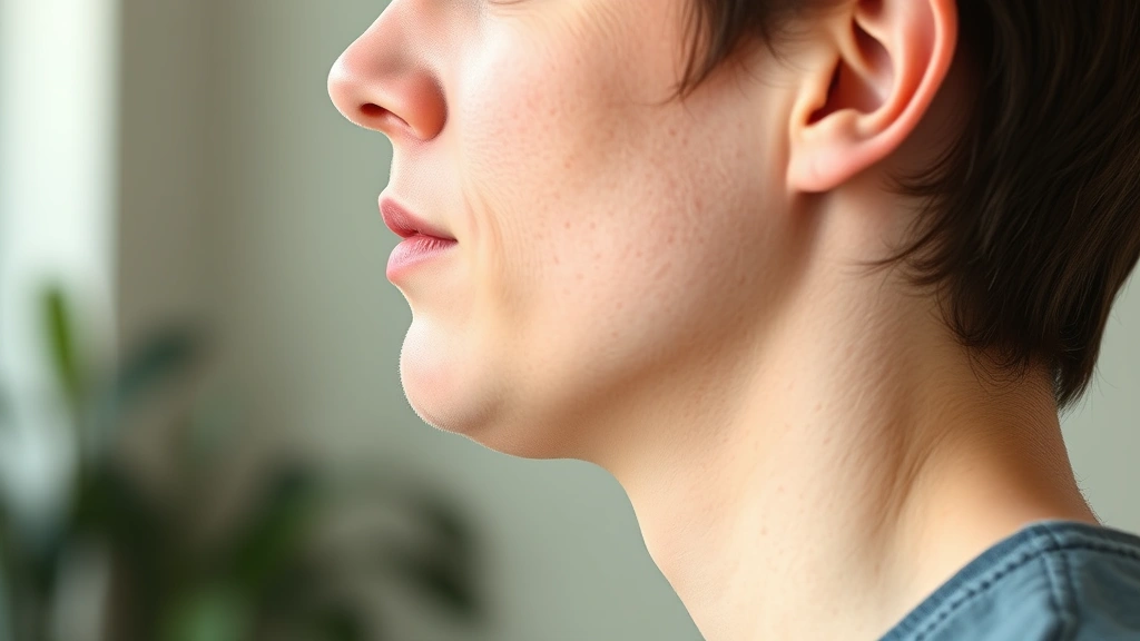 Person performing chin lift exercise, side profile view showing neck and jaw engagement, natural lighting, focused expression, no text or labels visible