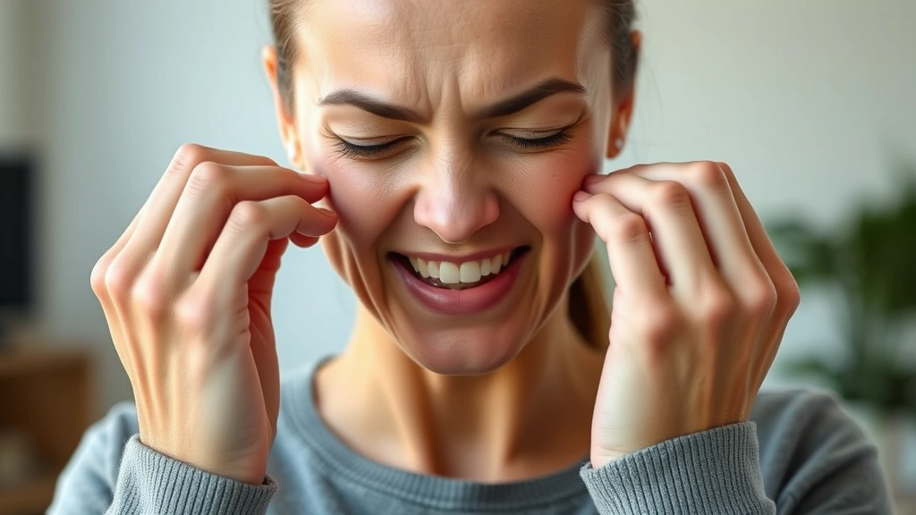 Woman doing jaw clenching exercise, front-facing view, hands near face, clear muscle definition on jaw and cheeks, professional setting, natural daylight