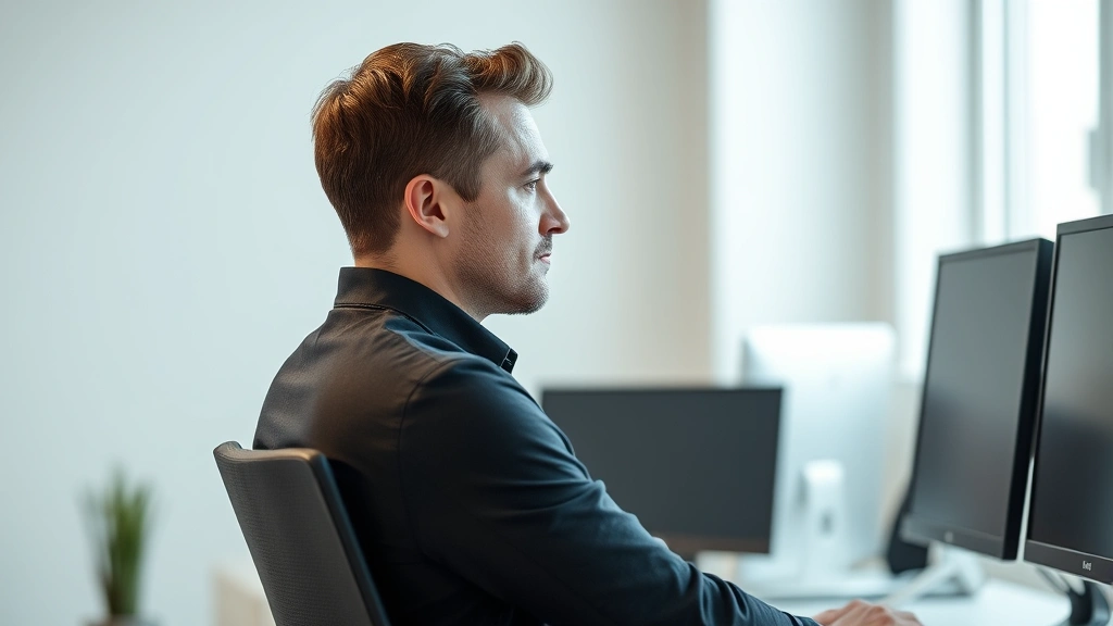 Man with perfect posture sitting at desk, side profile showing proper head alignment over shoulders, ergonomic setup visible, confident expression, bright indoor lighting