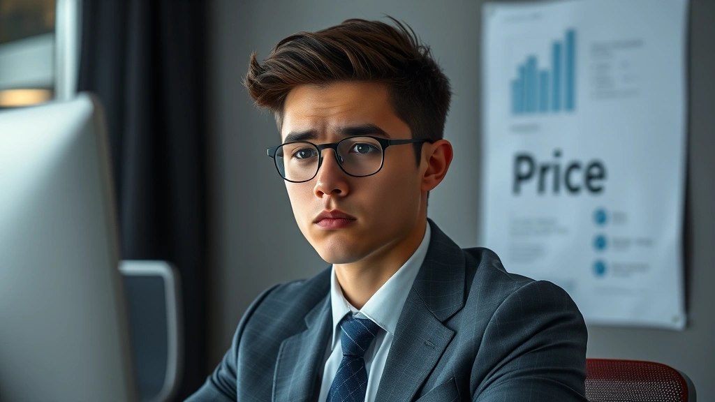 Young professional in business attire looking concerned in front of computer, representing future career impacts from criminal record, photorealistic
