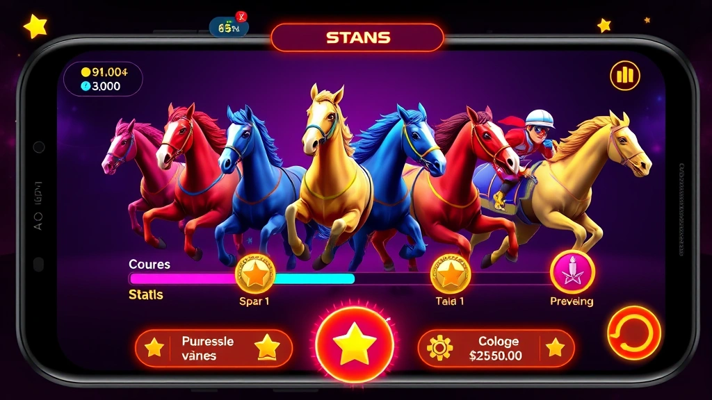 Vibrant mobile game interface showing colorful horse racing characters with stat progression bars and achievement medals, bright neon UI elements on dark background