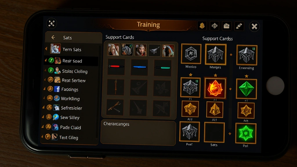Detailed character training menu showing stat distribution, support card equipment slots, and glowing enhancement indicators on mobile screen