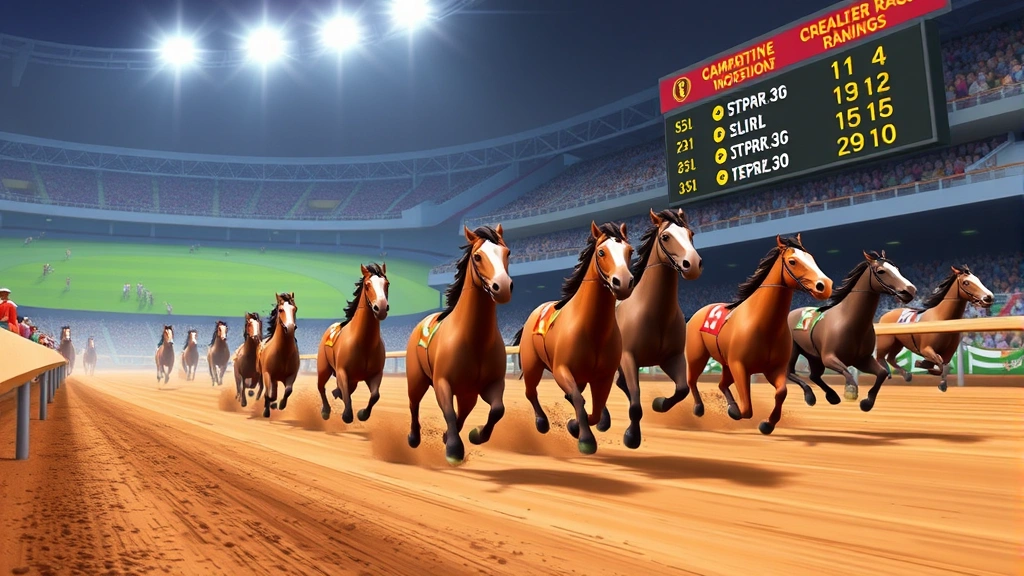 Competitive race scene with animated horse characters racing on dirt track, spectators in stadium, dynamic motion effects and ranking leaderboard display