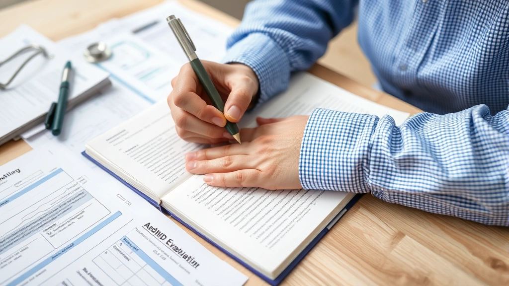 Close-up of a patient writing detailed notes in a journal with medical documents spread out on a table, preparation materials for ADHD evaluation