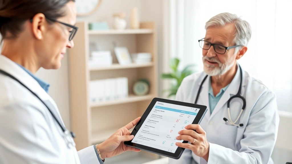 Healthcare provider discussing treatment options with patient in clinical setting, showing tablet or chart with medication information and dosing details