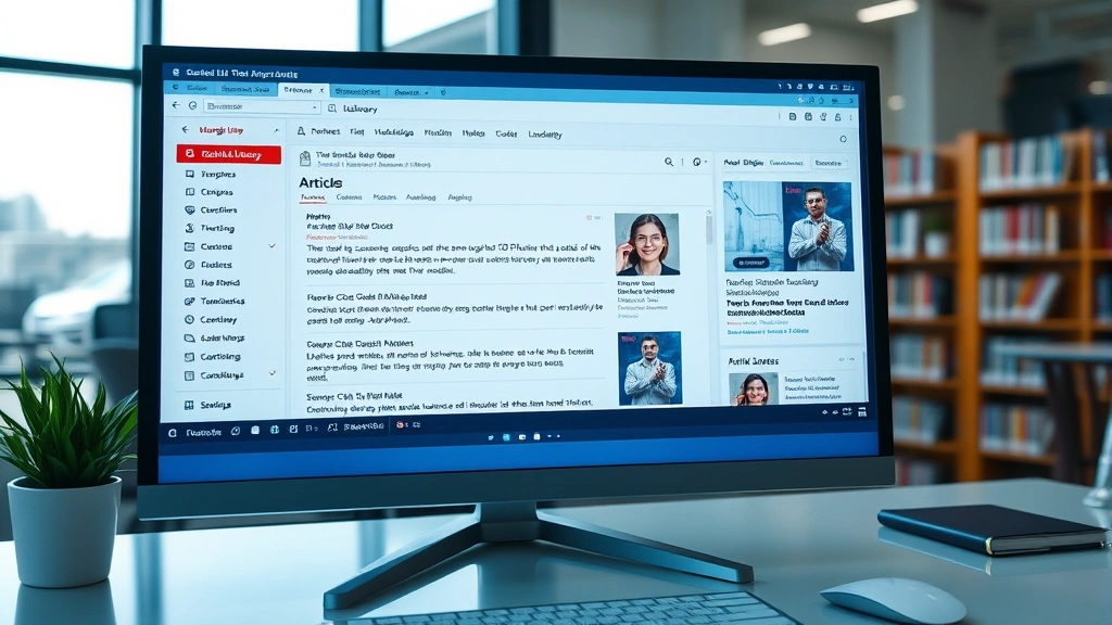 Digital library interface displayed on desktop monitor showing database search results and article access portals, professional workspace