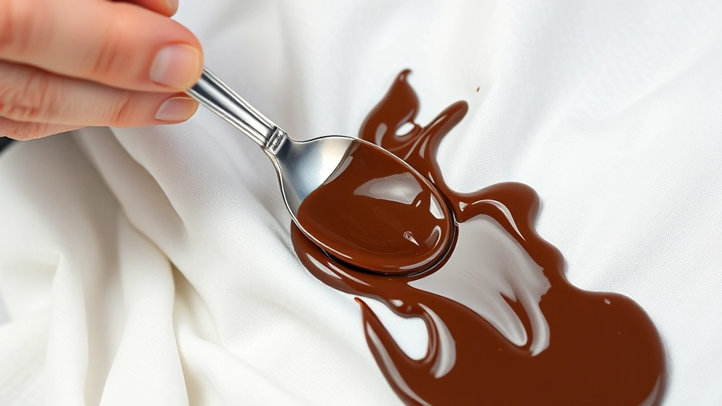 Close-up of person using spoon to scrape excess chocolate from white cotton fabric, showing proper scraping technique from outer edges inward, natural lighting