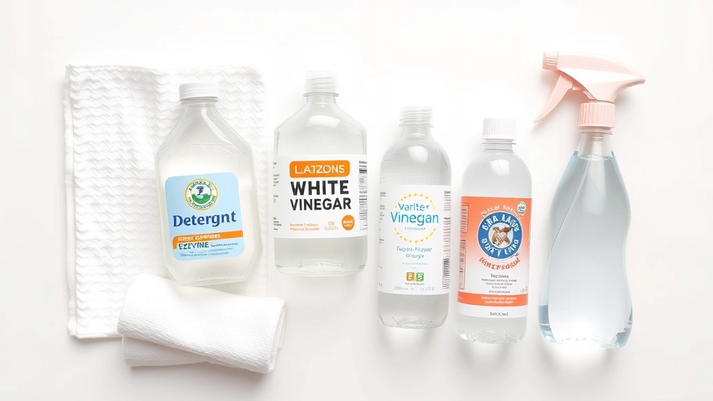 Flat lay of cleaning supplies arranged on white surface: white cloth, liquid detergent bottle, enzyme cleaner, white vinegar, hydrogen peroxide, glycerin bottle, and spray bottle with water