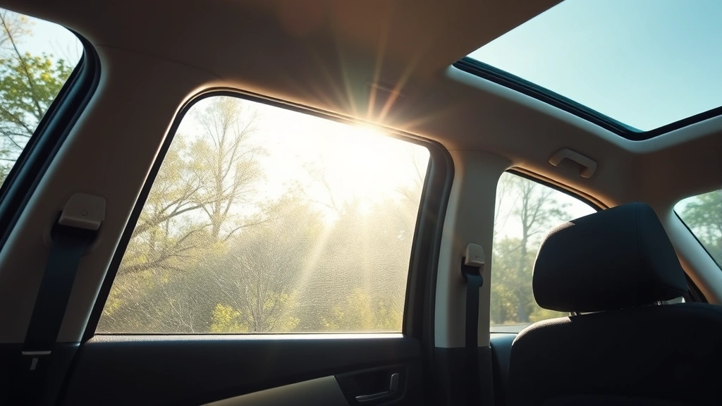 Open car windows with fresh air flowing through, sunlight streaming inside vehicle interior, parked outdoors on sunny day, natural ventilation for odor elimination