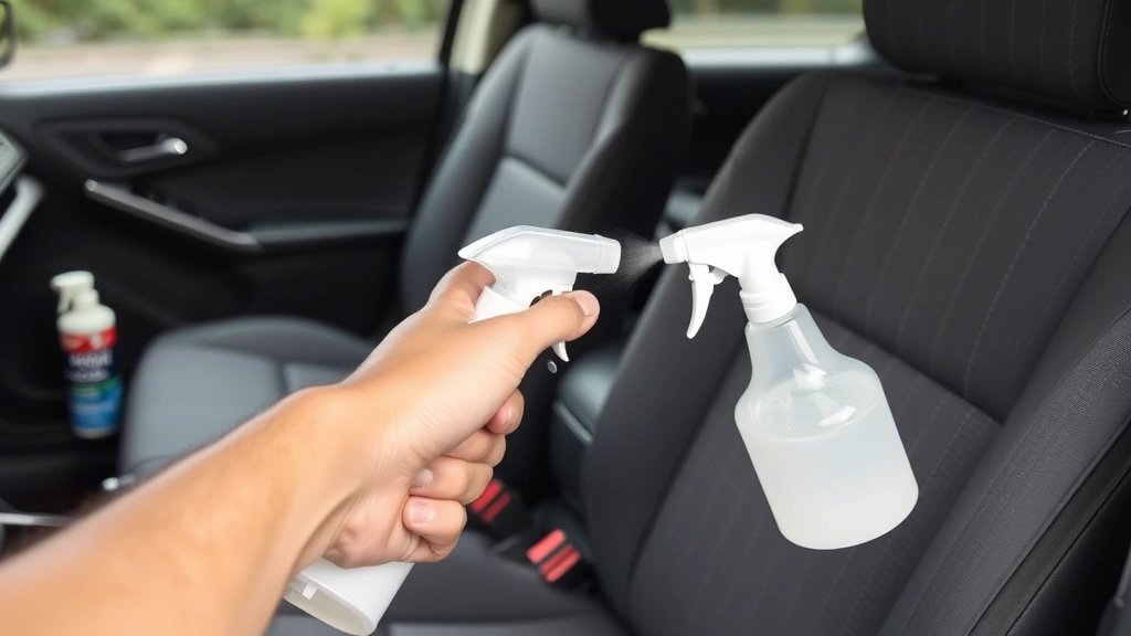 Person applying white vinegar solution spray to car upholstery fabric, misting affected areas of seats, with spray bottle in hand, cleaning supplies visible nearby