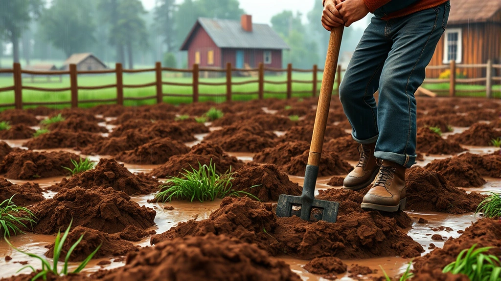 A farmer using a hoe to dig in muddy brown soil patches on a farm, rain-soaked ground visible, wooden fence and farmhouse in background, realistic Stardew Valley farm aesthetic, daylight