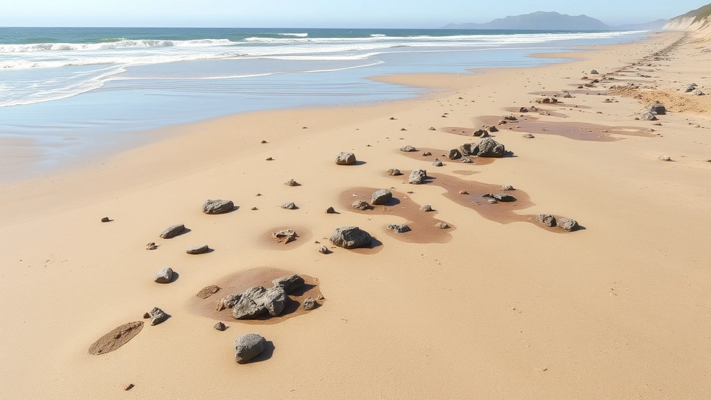 Beach shoreline with exposed muddy patches and rocks scattered across sand, waves in background, clear day, coastal landscape, realistic farm game graphics style, natural lighting