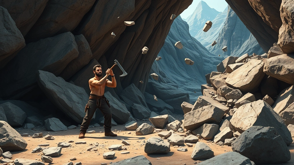 Character standing in a quarry area breaking rocks with a pickaxe, stone and ore pieces flying, mountain scenery backdrop, underground cavern atmosphere, game-like but photorealistic rendering