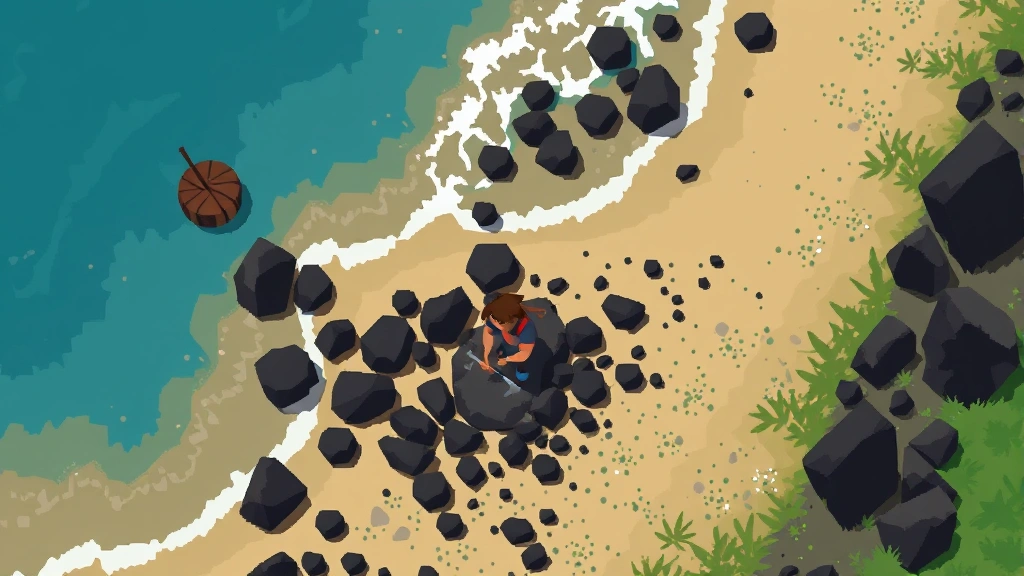 Overhead view of a player character using a pickaxe on dark rocks along a pixelated beach shoreline with water visible, showing resource gathering in action