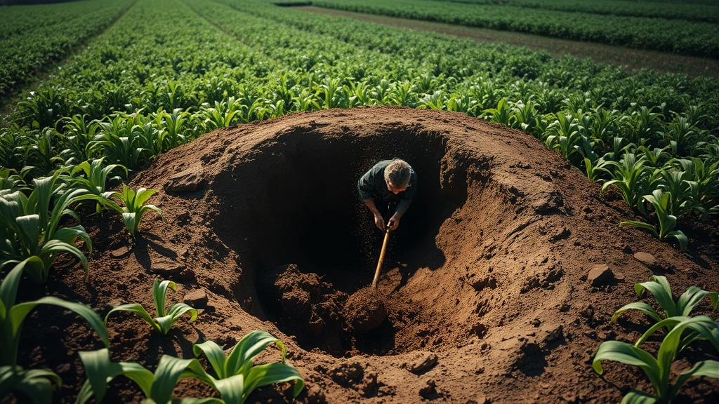 Character digging at a dark artifact spot on a farm surrounded by crops, with dirt flying up from the excavation, showing discovery moment