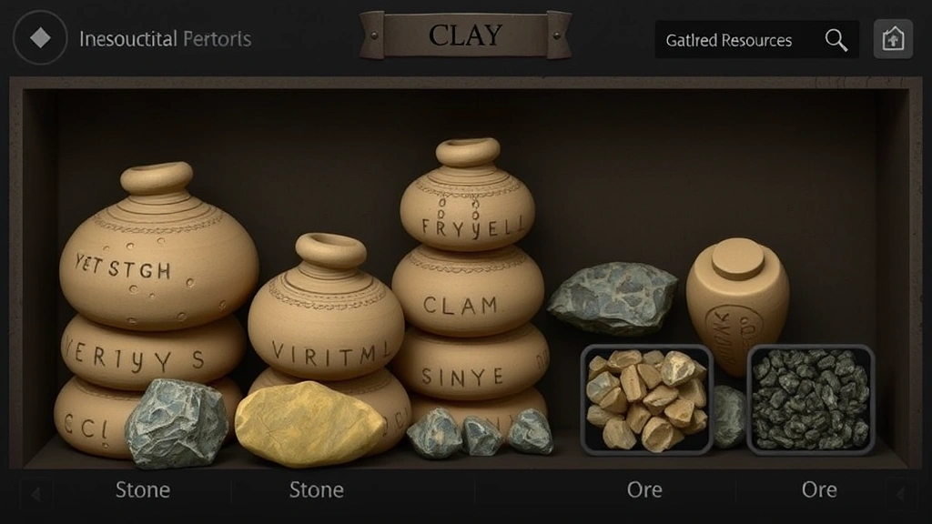 Inventory screen displaying multiple clay items stacked together with other gathered resources like stone and ore, showing resource organization